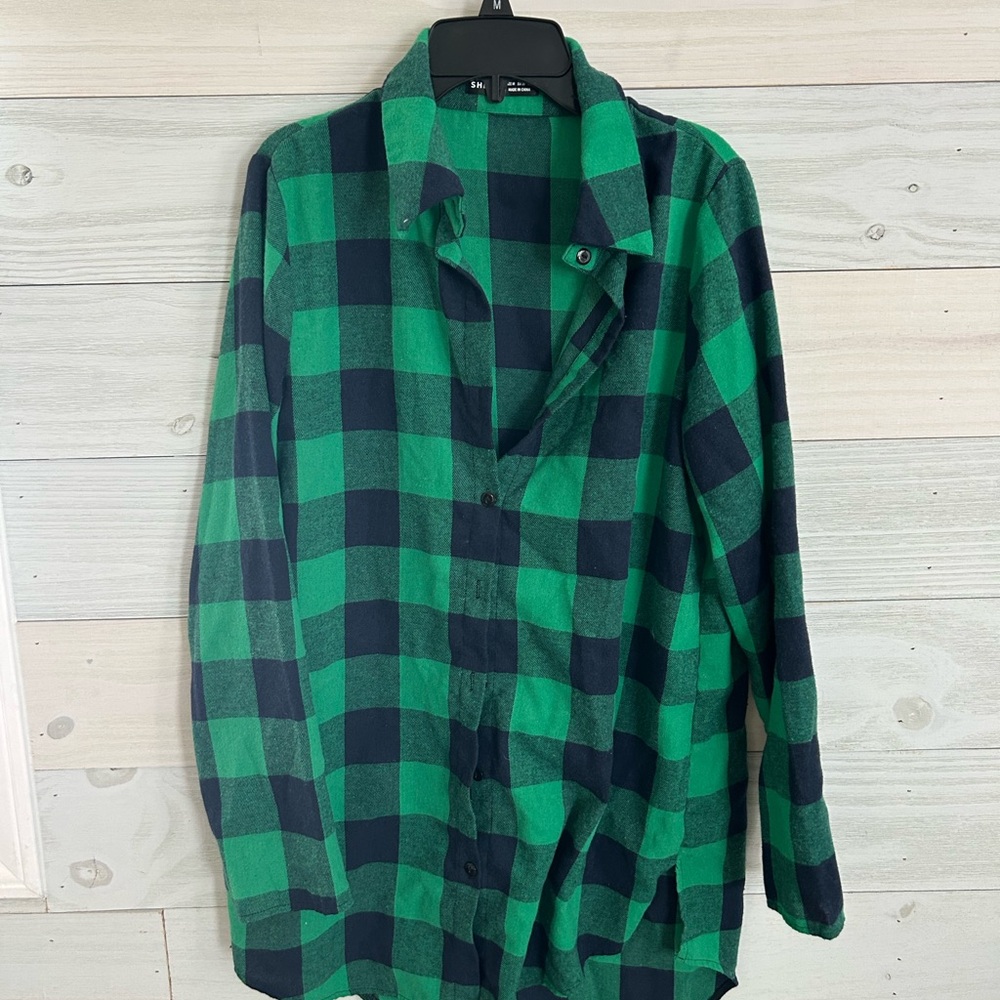 SHEIN Green and Blackish/Navy Plaid Shirt